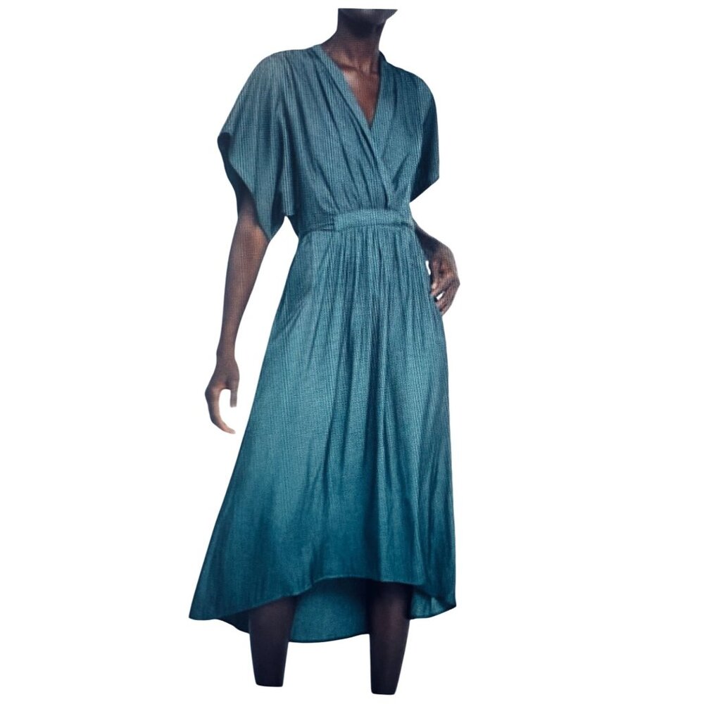 ZARA XS Green Midi Wrap Dress Tie Waist Puff Sleeves Polyester Fabric